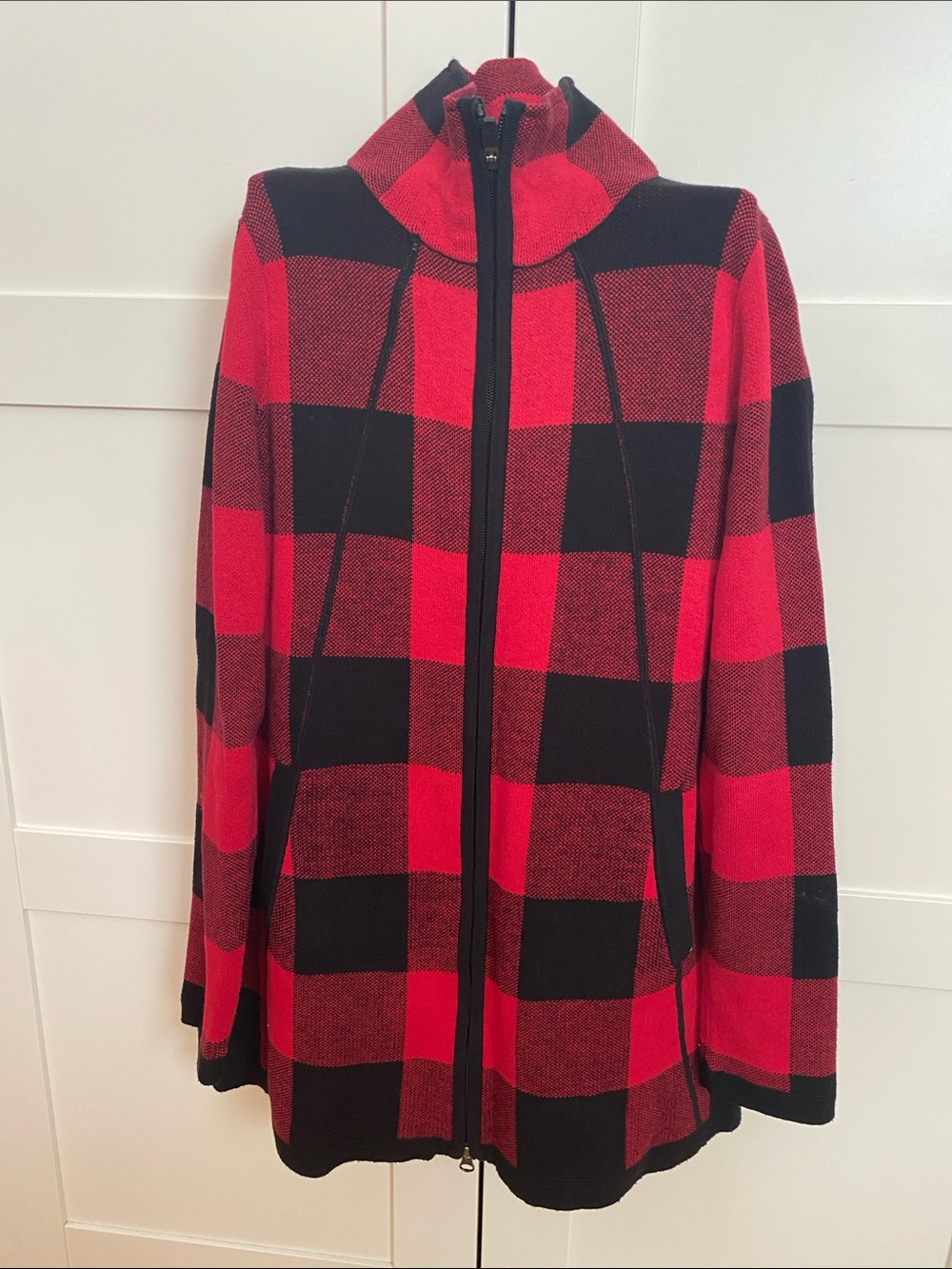 Adrienne Vittadini Red and Black Plaid Cardigan
